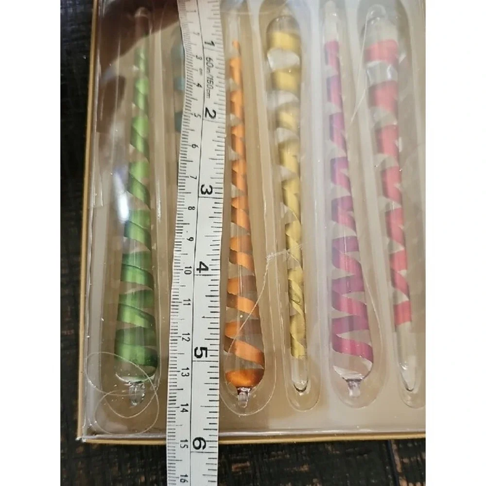 Pier 1 Imports Glass Icicle Ornaments Set of 6 Multicolor Spiral Holiday Decor